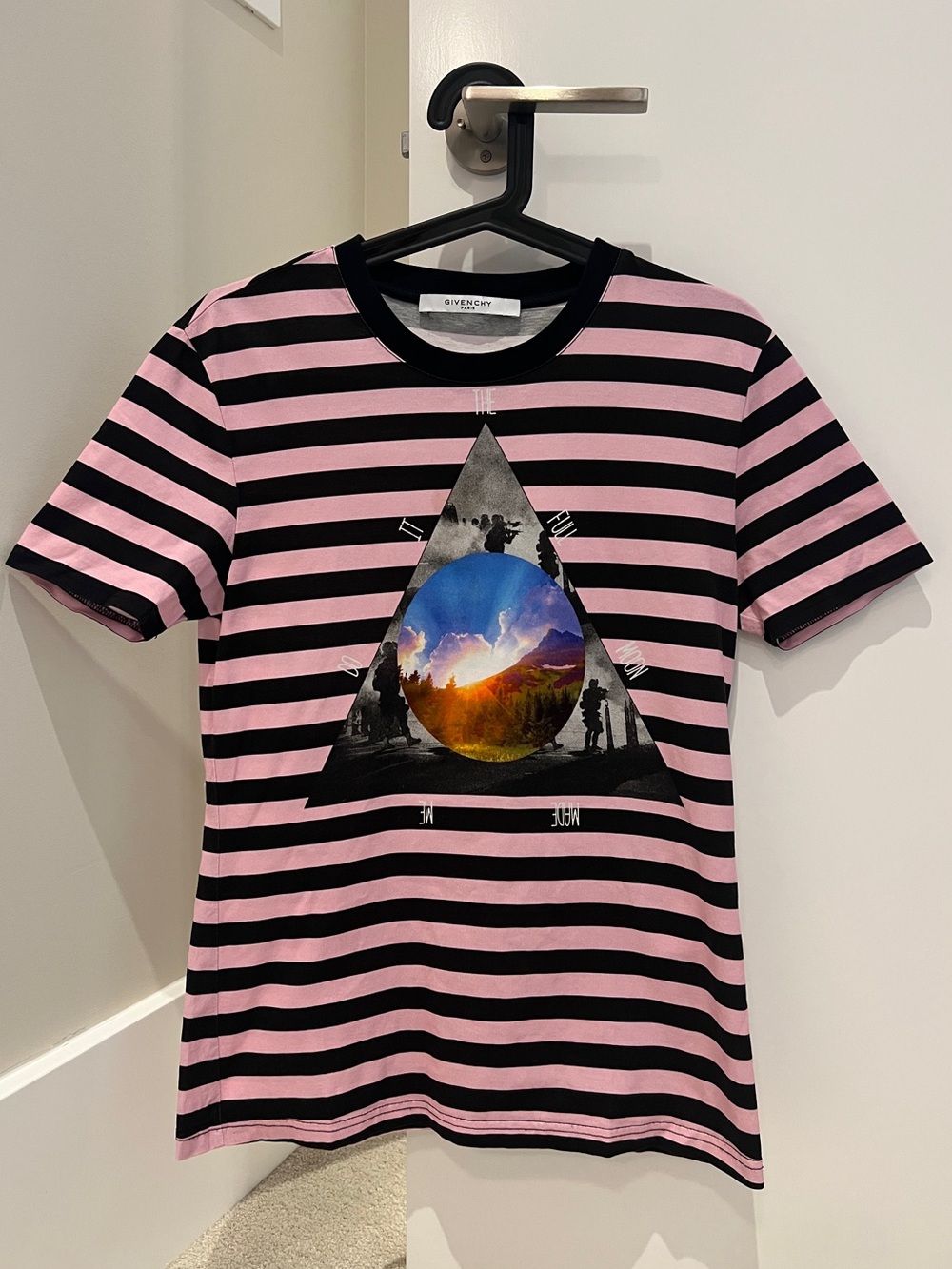 Givenchy Pink and Black Striped Graphic Tee with Scenic Triangle Print